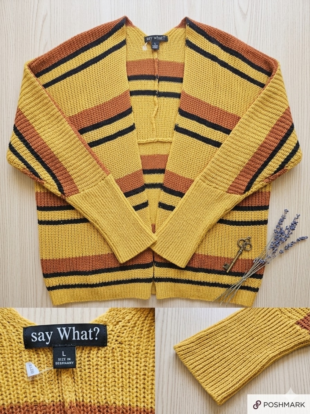 Say What? Yellow Striped Open Knit Cardigan with Rust and Black Accents